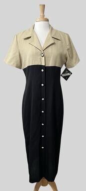 NWT Studio C Button Down Maxi Shirt Dress Minimalist Lagenlook Sz 14 Black & Tan
